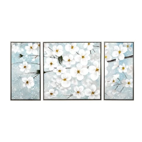OIL PAINTING ON TOP OF PRINTED CANVAS SET 3 WITH DAISY AND SILVER FRAME 150Χ4.5Χ72.5CM