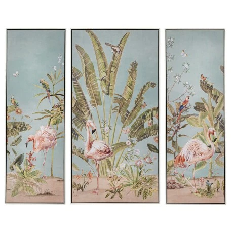 OIL PAINTING ON TOP OF PRINTED CANVAS SET 3 WITH FLAMINGO 42Χ122+62Χ122+42Χ122 CM WITH SILVER FRAME