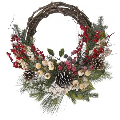 GREEN WILLOW WREATH WITH RED AND GOLD BERRIES AND PINE CONES 45CM