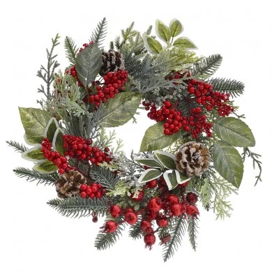 GREEN WREATH WITH RED BERRIES AND PINE CONES 35CM