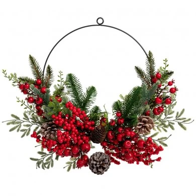 GREEN WREATH WITH RED BERRIES AND ΜΙΧ PINE CONES 30CM