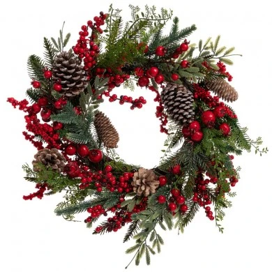 GREEN WREATH WITH RED BERRIES AND ΜΙΧ PINE CONES 40CM