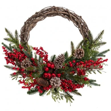 GREEN WREATH WITH RED BERRIES AND ΜΙΧ PINE CONES 50CM
