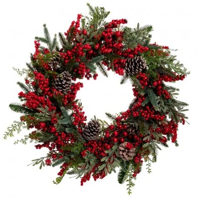GREEN WREATH WITH RED BERRIES AND ΜΙΧ PINE CONES 55CM