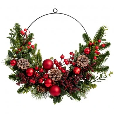 GREEN WREATH WITH RED BERRIES RED  BAUBLES AND ICED PINE CONES 30CM