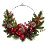 GREEN WREATH WITH RED BERRIES RED  BAUBLES AND ICED PINE CONES 30CM