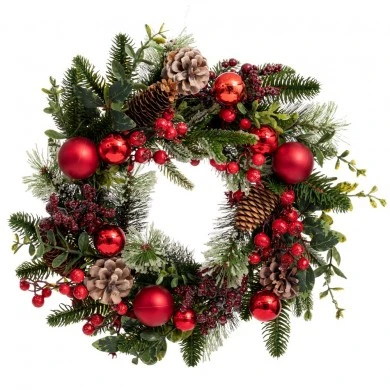 GREEN WREATH WITH RED BERRIES RED  BAUBLES AND ICED PINE CONES 40CM