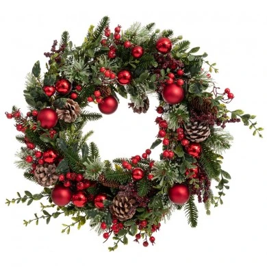GREEN WREATH WITH RED BERRIES RED  BAUBLES AND ICED PINE CONES 50CM
