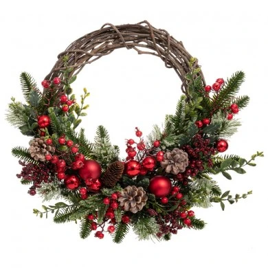 GREEN WREATH WITH RED BERRIES RED  BAUBLES AND ICED PINE CONES 50CM