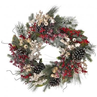 GREEN WREATH WITH CREAM AND RED BERRIES AND PINE CONES 55CM