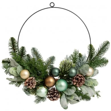 GREEN WREATH WITH PINE CONES AND BAUBLES 30CM