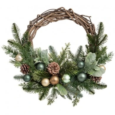 GREEN WREATH WITH PINE CONES AND BAUBLES 50CM