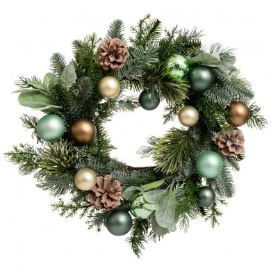 GREEN WREATH WITH PINE CONES AND BAUBLES 40CM