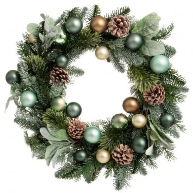 GREEN WREATH WITH PINE CONES AND BAUBLES 50CM
