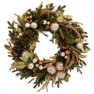 GREEN PINE NEEDLE WREATH WITH CHRISTMAS BALLS 71CM