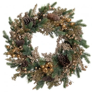 GREEN WREATH WITH CHAMPAGNE BERRIES AND PINE CONES 55CM