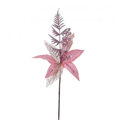 XMAS PINK POINSETIA BRANCH WITH MISTLETOE 58CM