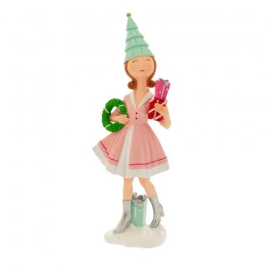 PINK RESIN GIRL HOLDING GIFT AND WREATH14X9X38CM