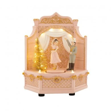 PINK RESIN CHRISTMAS BALLROOM DANCE SCENE 18x12.5x21CM WITH MUSIC-LIGHTS-ROTATING BATTERY OPPERATED