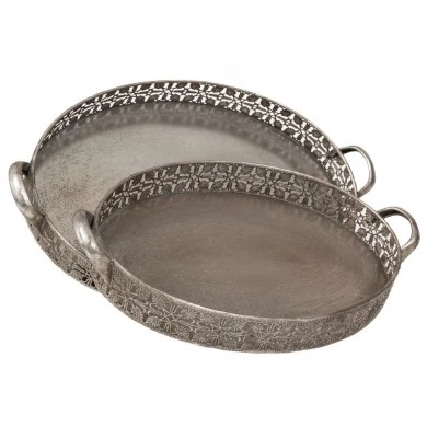 DECO SET 2 SILVER METAL TRAY WITH HANDLES 32Χ24Χ7,5  40Χ29Χ7,5CM
