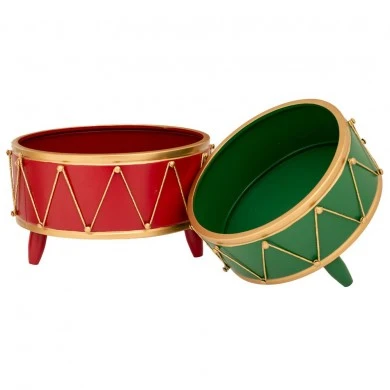 XMAS SET 2 RED GREEN METAL TRAY WITH DRUM DESIGN 32X18CM 27X16.5CM