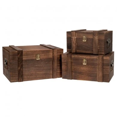 SET 3 DECO WOODEN BROWN CHESTS WITH BLACK METAL HANDLES 38Χ27,5X22  33Χ23X18,5  28Χ18X15,5CM