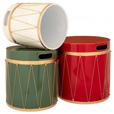 XMAS SET 3 RED GREEN WHITE METAL BOX WITH DRUM DESIGN 45Χ44.5CM 40.5CM 34Χ36CM