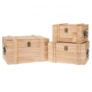 SET 3 DECO WOODEN NATURAL COLOR CHESTS WITH BLACK METAL HANDLES 38Χ27,5X22  33Χ23X18,5  28Χ18X15,5CM