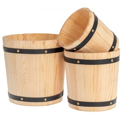 SET 3 WOODEN BUCKET IN NATURAL COLOR WITH BLACK METAL DETAIL D16Χ24  D20Χ20,5  D24Χ16CM