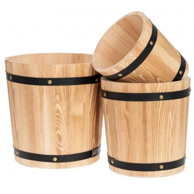 SET 3 WOODEN BROWN BUCKET WITH BLACK METAL DETAIL D16Χ24  D20Χ20,5  D24Χ16CM