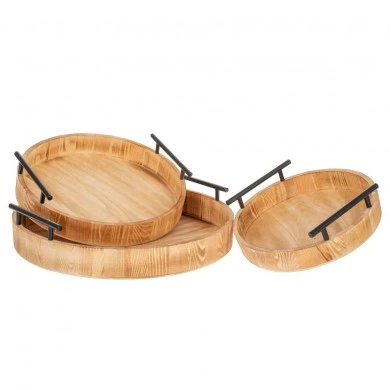 SET 3 WOODEN ROUND TRAY IN NATURAL COLOR WITH BLACK METAL HANDLES D38Χ5  D30Χ4,5  D24Χ4CM