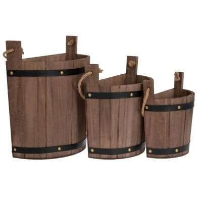SET 3 SEMICIRCLE WOODEN BROWN PLANTER BUCKETS D30,5Χ15,5Χ27  D28Χ13Χ21  D21Χ10,5Χ17CM