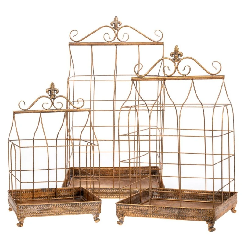 SET 3 DECO GOLD METAL BIRD CAGE 37X37X68  32,5X32,5X57  27X27X46CM