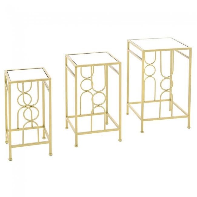 SΕΤ 3 GOLD METAL SIDE TABLE WΙΤΗ MIRROR TOP 35Χ60 30Χ55 25Χ50CM