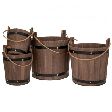 SET 4 WOODEN BUCKETS W HANDLE D30X27X32,5  D25X24X29  D20X20X25  D16X16X21CM