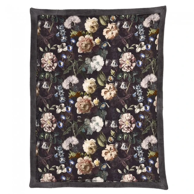 COTTON VELVET LINEN THROW 130X170CM CHARCOAL FLOWERS DESIGN