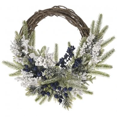 FROSTED WILLOW WREATH WITH BLUE AND WHITE BERRIES 45CM