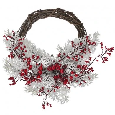 SNOWY WILLOW WREATH WITH RED BERRIES AND PINE CONES 45CM