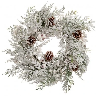 SNOWY WREATH WITH WHITE BERRIES AND PINE CONES 40CM
