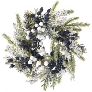 FROSTED WREATH WITH BLUE AND WHITE BERRIES 35CM