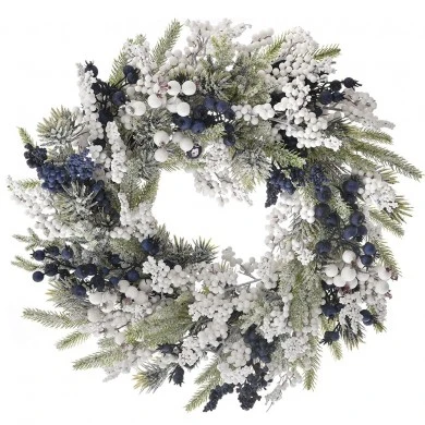 FROSTED WREATH WITH BLUE AND WHITE BERRIES 55CM