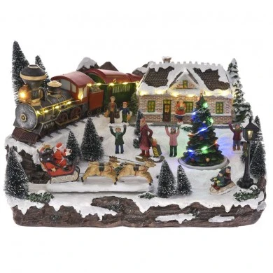 CHRISTMAS VILLAGE ANIMATED WITH LIGHTS MUSIC AND A ROTATING TREE 36X28X23CM