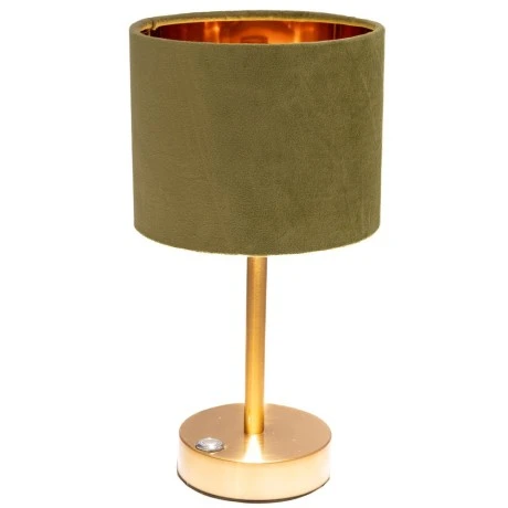 GOLD METAL TABLE LAMP WITH OLIVE FABRIC SHADE D15X30CM USB