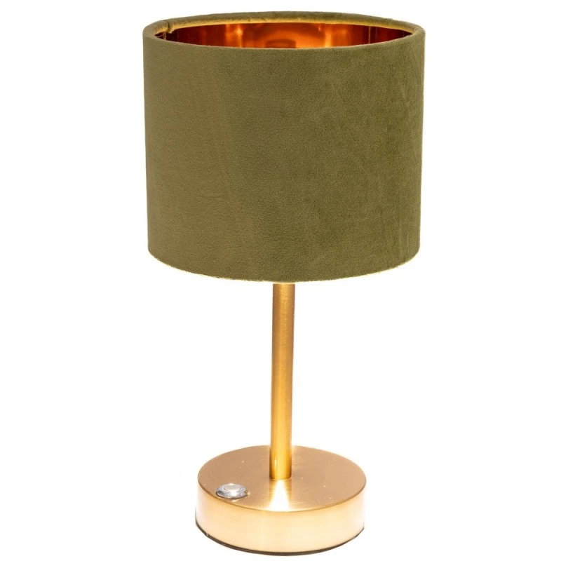 GOLD METAL TABLE LAMP WITH OLIVE FABRIC SHADE D15X30CM USB