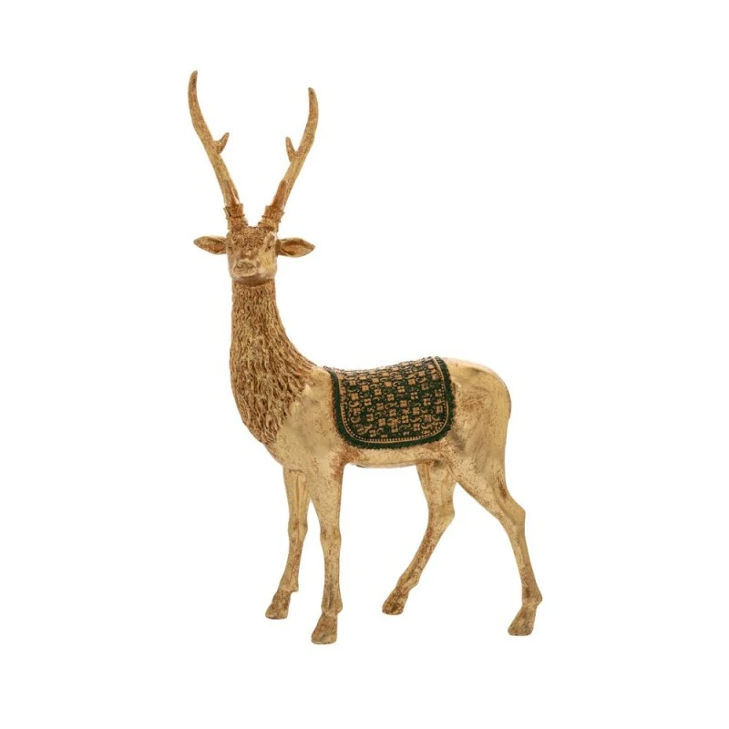 XMAS RESIN GOLD REINDEER WITH GREEN SADDLE 31,5X17,3X47,8CM.