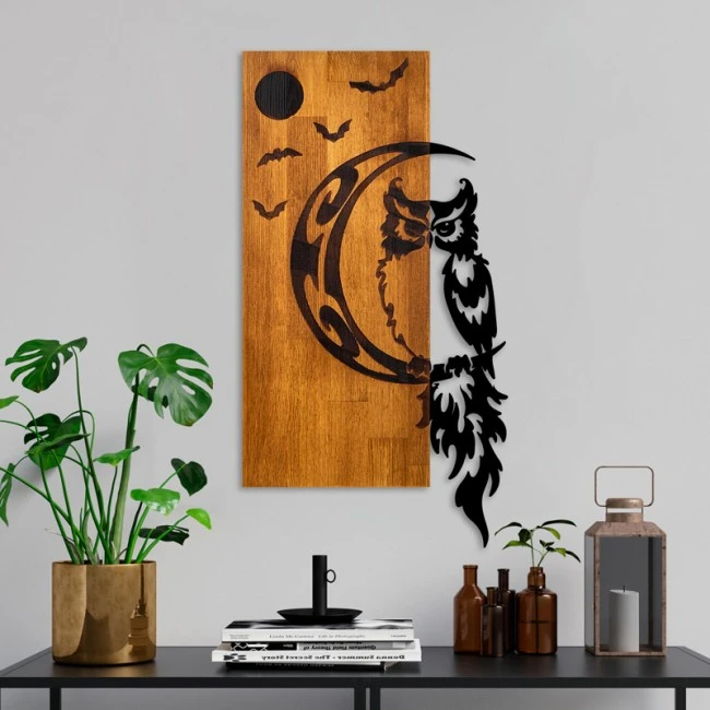 Wall deco Owle pakoworld pine wood in natural color and black metal 36x3x66cm