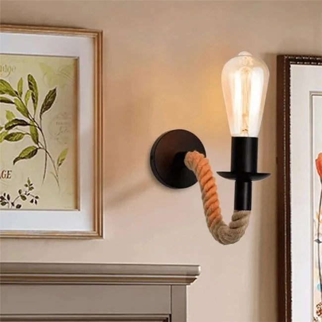 Wall light Kaniwel pakoworld E27 metal and rope in black-natural color 28x10x10cm
