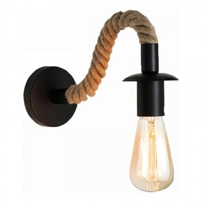 Wall light Kaniwel pakoworld E27 metal and rope in black-natural color 28x10x10cm