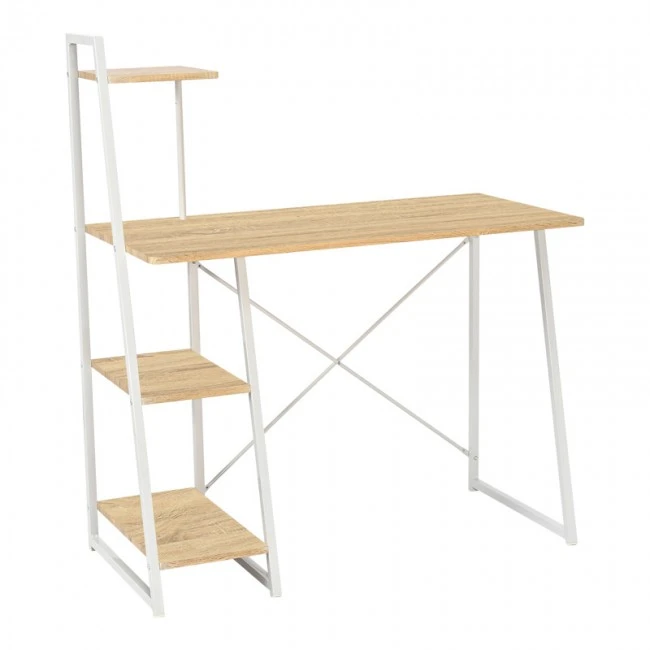 Office desk with shelves Deckstor pakoworld in oak color with white metal legs 102x50x117cm