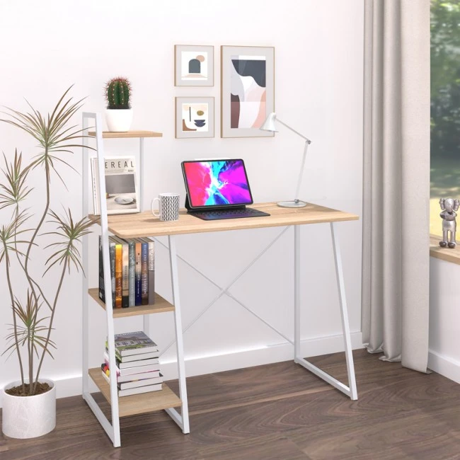 Office desk with shelves Deckstor pakoworld in oak color with white metal legs 102x50x117cm